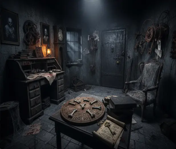 A locked puzzle room set dressed for a haunted escape room