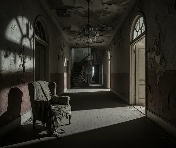 Dim, decaying hallway inside a haunted house attraction