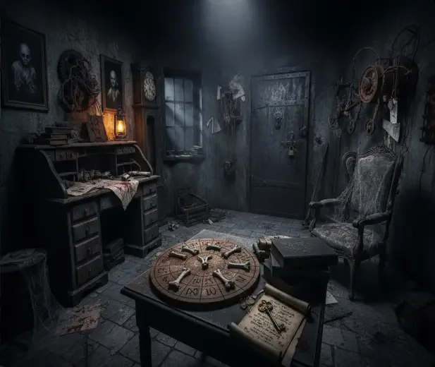 A locked puzzle room set dressed for a haunted escape room