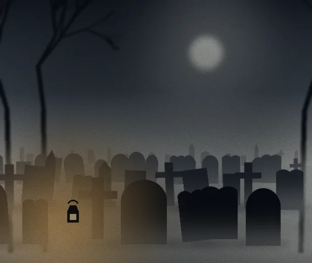 A lantern glowing among crooked headstones in a foggy moonlit cemetery